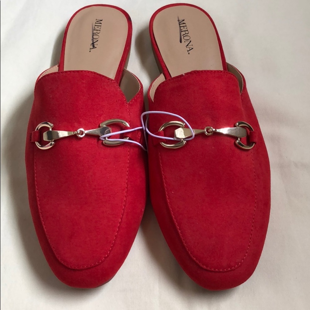 Red Suede Gold Chain Accent Loafers